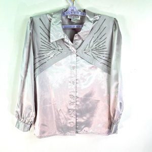 Vintage Malcom Starr Western Button Front Blouse SZ 12 Silver Satin Embellished